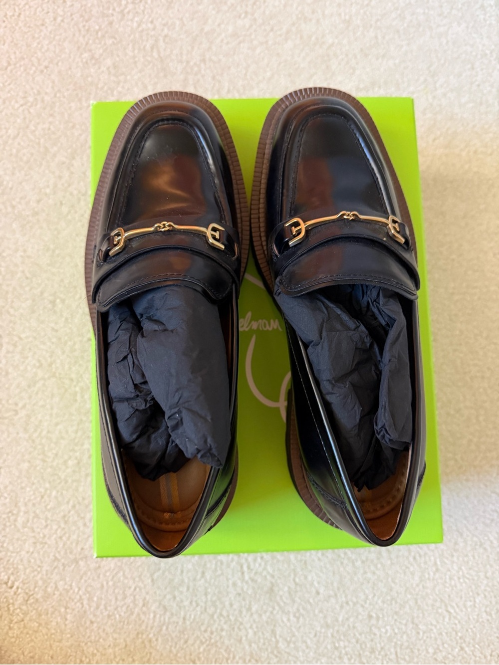 Sam Edelman Black Leather Loafers with Gold Bit